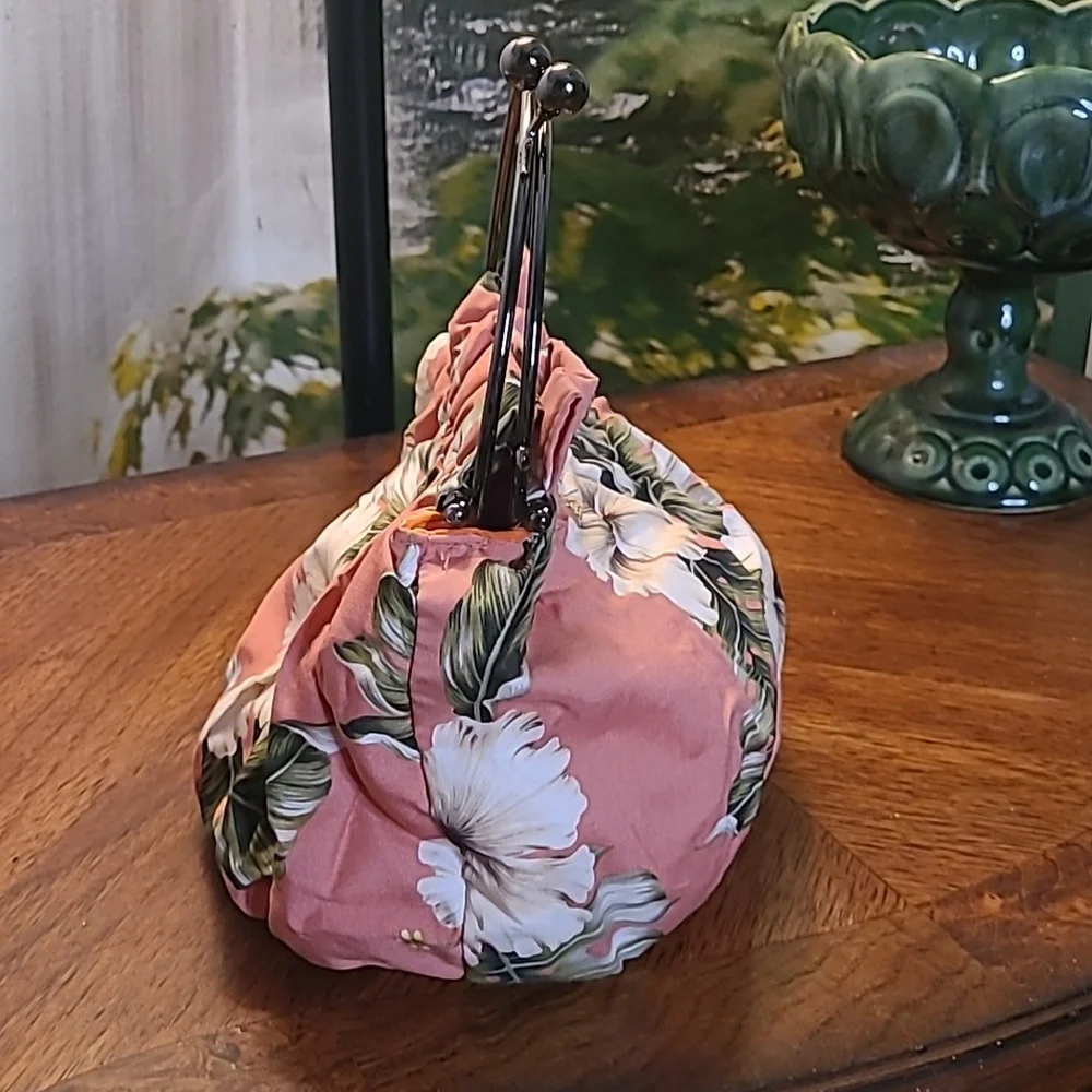 Ky's unique vintage Hawaiian pink floral fabric metal handle clutch purse